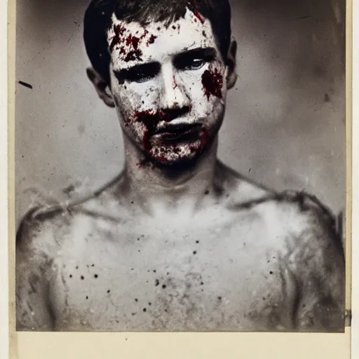 Prompt: a portrait of a man’s face covered in blood while he looks desperate into the camera