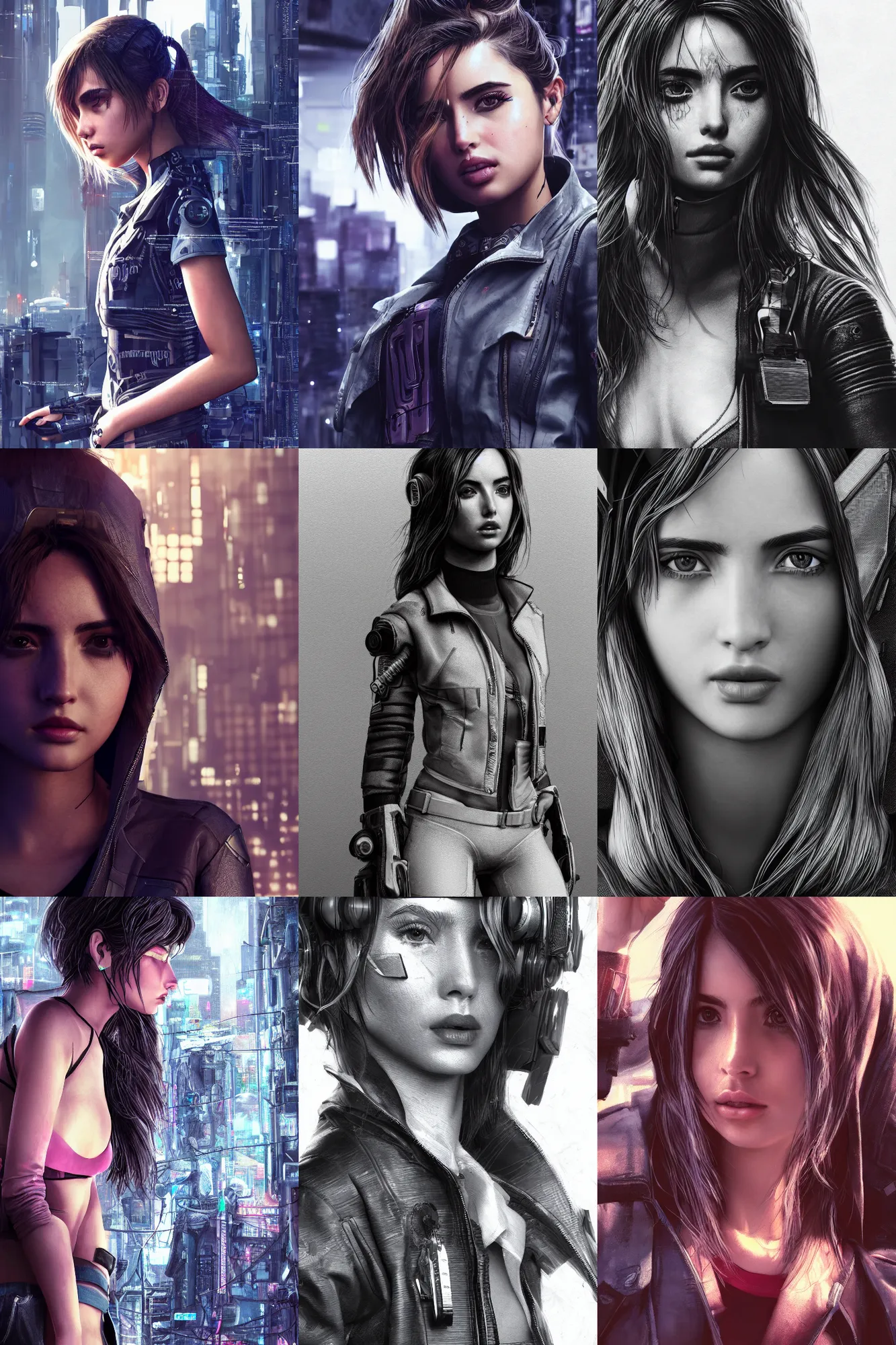 Prompt: detailed close up drawing of ana de armas, cyberpunk clothes, tokyo background, trending on artstation, unreal engine, octane, soft light, cinematic