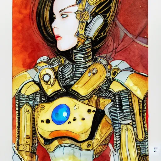 Image similar to a Royal portrait of gold android woman as illustrated by Yoshitaka Amano. 1991. Watercolor and Acrylic on Paper
