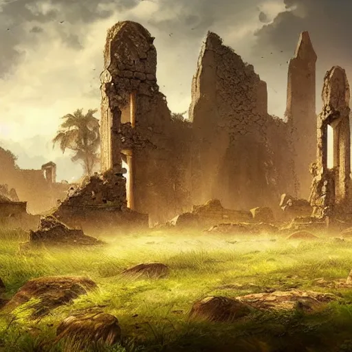 Prompt: ruins of an ancient kingdom, fantasy artwork, beautiful scenery, fields, realistic effect, ultra detailed, artstation