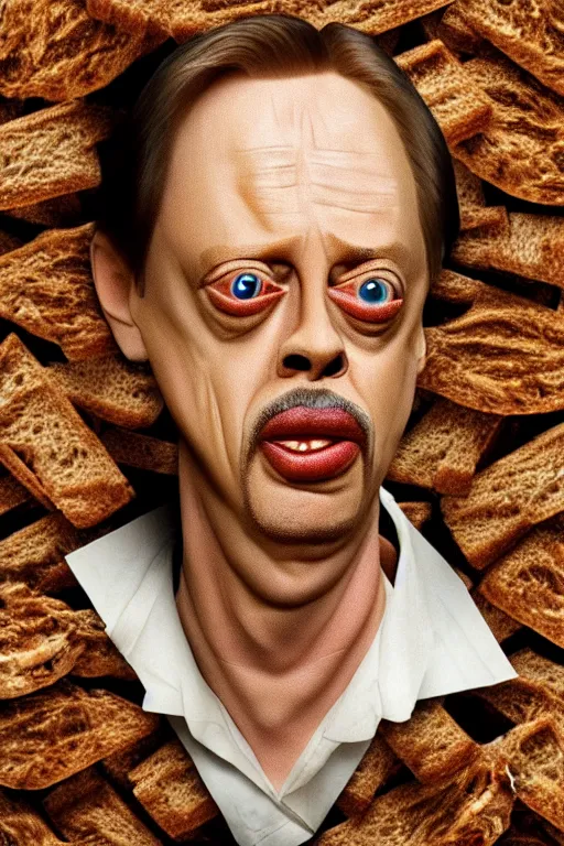 Image similar to film still of steve buscemi made out of bread in the matrix, 4 k