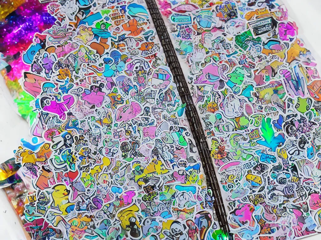 Image similar to a school notebook covered in doodles, stickers, glitter, and holographic stickers