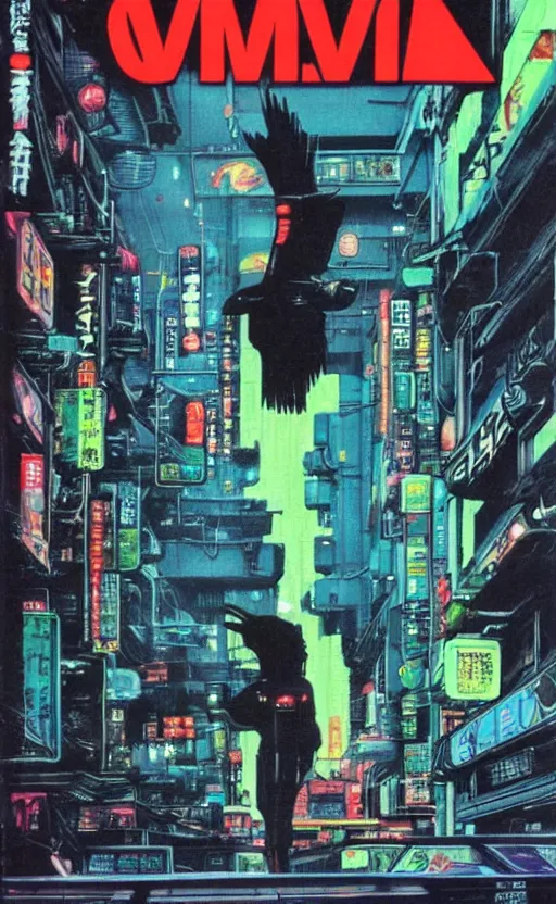 Image similar to 1979 OMNI Magazine Cover of an android raven in street level neo-Tokyo in cyberpunk 2020 style by Vincent Di Fate