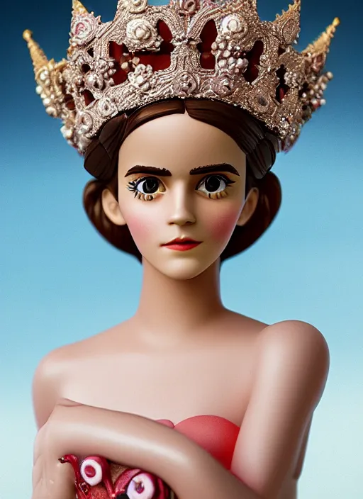 Prompt: closeup face profile portrait of tin toy emma watson as a fairytale princess wearing a crown eating cakes, bikini, depth of field, zeiss lens, detailed, symmetrical, centered, fashion photoshoot, by nicoletta ceccoli, mark ryden, lostfish, breathtaking, 8 k resolution, extremely detailed, beautiful, establishing shot, artistic, hyperrealistic, octane render