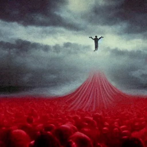 Image similar to the anti - christ rising from a red ocean. photograph from a horror movie.