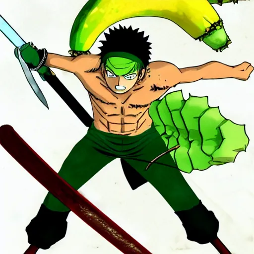 Image similar to zoro from one piece using three giant bananas as swords, anime, full color