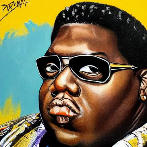 Image similar to a hyper realistic painting of biggie smalls, art by basquiat, intricate, ultra detailed, photorealistic, black and gold colors, dark background trending on artstation