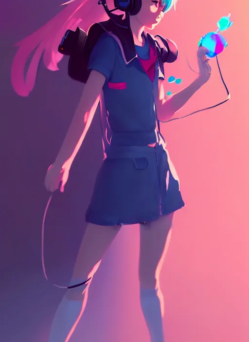 Image similar to female character inspired by 9 0's fashion and by madeline from celeste, art by rossdraws, wlop, ilya kuvshinov, artgem lau, sakimichan and makoto shinkai, concept art, headphones