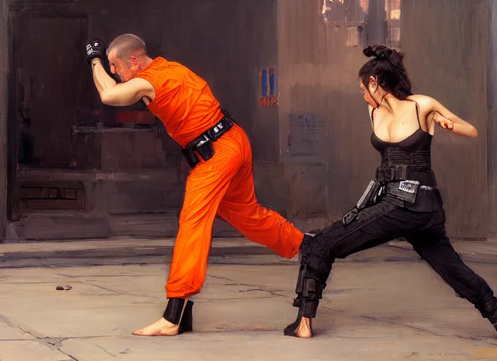 Image similar to Maria fights sgt Nash. Cyberpunk hacker in orange jumpsuit fighting menacing police troopers (blade runner 2049). beautiful face. kickboxing. Orientalist portrait by john william waterhouse and James Gurney and Theodore Ralli and Nasreddine Dinet, oil on canvas. Cinematic, hyper realism, realistic proportions, dramatic lighting, high detail 4k