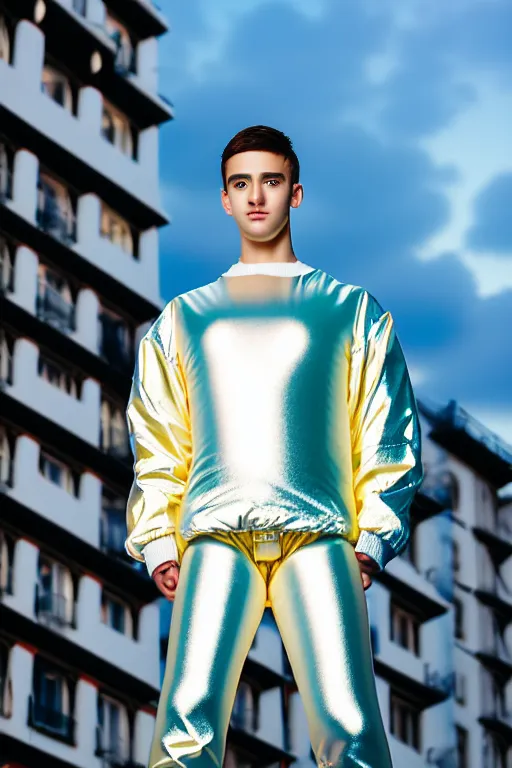 Image similar to un ultra high definition studio quality photographic art portrait of a young man standing on the rooftop of a british apartment building wearing soft baggy inflatable padded silver iridescent pearlescent clothing. three point light. extremely detailed. golden ratio, ray tracing, volumetric light, shallow depth of field. set dressed.