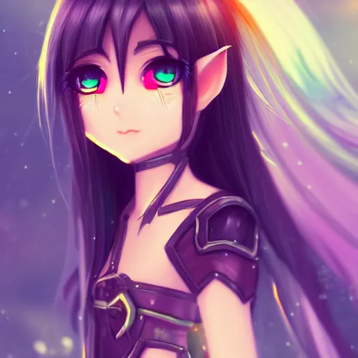 Image similar to adorable young cute anime elf girl, long black hair, detailed fantasy armor, smooth face. beautiful spark eyes. beautiful lineart. concept art adoptable, centered, chromatic aberration, noise, soft lighting, srgb, 4 k, cinematic