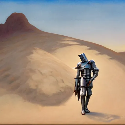 Prompt: male knight in the middle of a desert, gerald brom