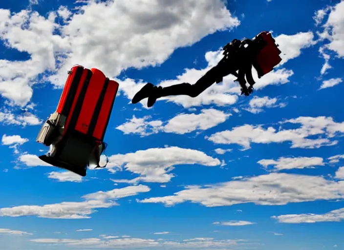 Image similar to man with a jetpack flying over red lobster restaurant with blue sky and clouds