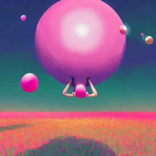 Image similar to a huge lotus in the center of a meadow of various colors. bright sunny day, in the style of katamari damacy, scattered glowing pink fireflies, soft vaporwave liminal aesthetic. 3 d blender by tomer hanuka, greg rutkowski, beeple, sharp focus, digital painting, concept art