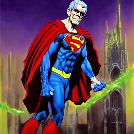 Prompt: Painting of Boris Karloff as Superman fighting Hunchback of Notre Dame by Mark Brooks