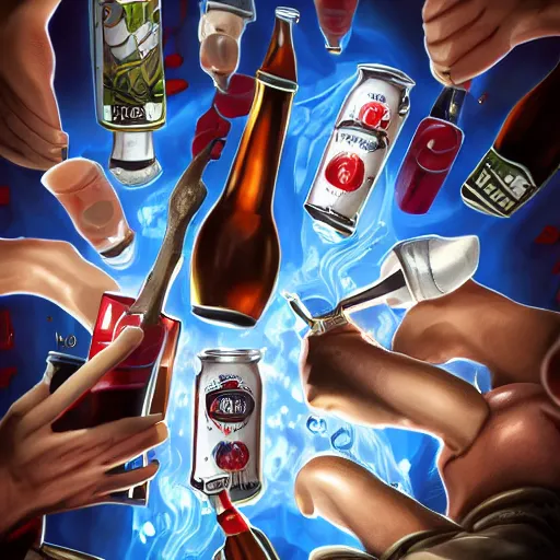 Prompt: Cracking open a cold one with the boys. High resolution. Highly detailed. Trending on art station. 4k. Dramatic.