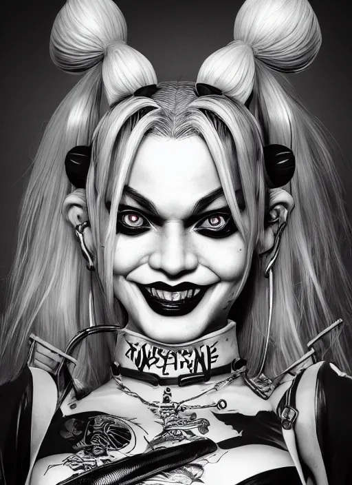 Image similar to highly detailed ink illustration of harley quinn, unreal engine, octane render, b & w clean shaped illustration by kim jung gi, ron english and eiichiro oda