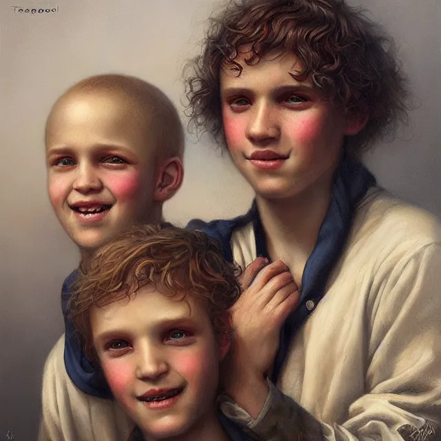 Image similar to a portrait of happy boys by tom bagshaw and manuel sanjulian