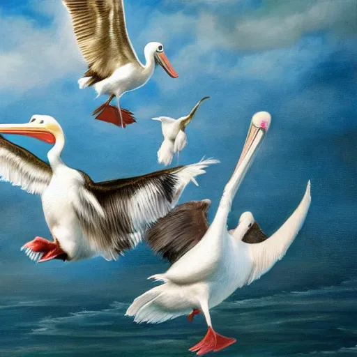 Image similar to a corgi learning to fly with pelicans, oil on canvas, intricate, 8k highly professionally detailed, HDR, CGsociety