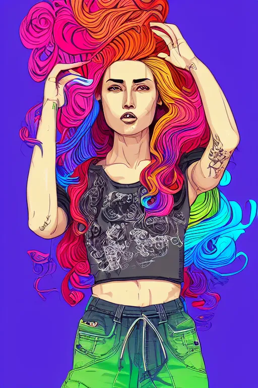 Image similar to a award winning half body portrait of a beautiful woman with stunning eyes in a printed croptop and cargo pants with rainbow colored ombre hairstyle head in motion and hair flying by josan gonzales, outrun, vaporware, shaded flat illustration, digital art, trending on artstation, highly detailed, fine detail, intricate