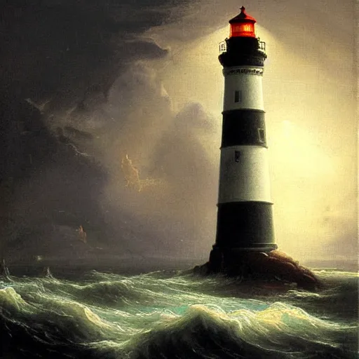 Image similar to painting of light house rocky coast stormy seas night time lighthouse illuminating the dark volumetric lighting in the style of thomas cole course of empires
