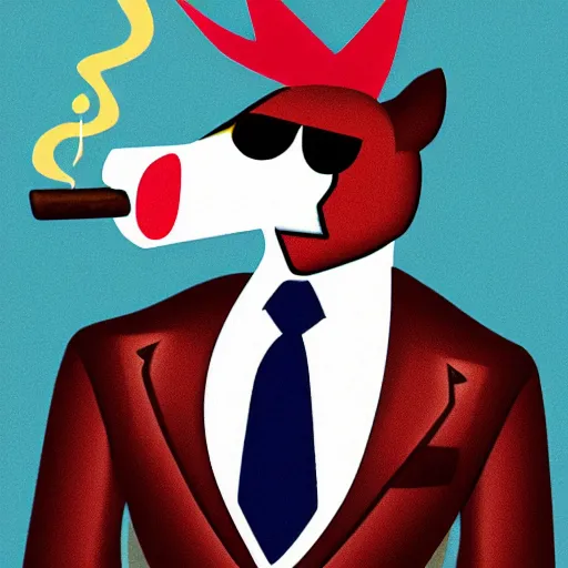 Image similar to an antropomorphic horse wearing a suit smoking a cigar