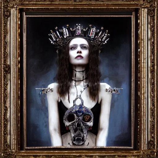Prompt: queen of bones, sitting on a throne, detailed face, with a crown of skulls, skull earings ( blade runner, cyberpunk ) portrait by john william waterhouse and james gurney and theodore ralli and nasreddine dinet, oil on canvas. cinematic, hyper realism, realistic proportions, dramatic lighting, high detail 4 k