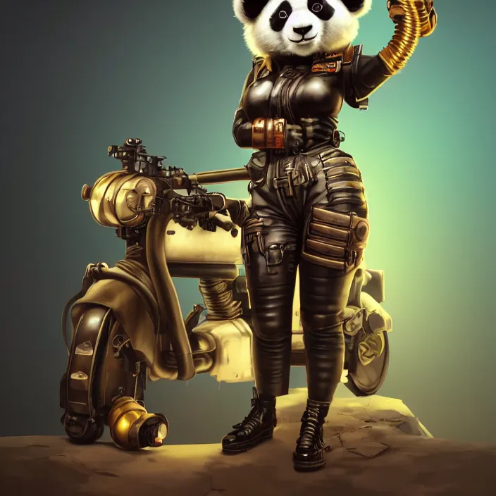 Image similar to dieselpunk android panda, vaporwave, naturel, glossy reflections, hyper detailed, digital art, trending in artstation, cinematic lighting, studio quality, smooth render, unreal engine 5 rendered, octane rendered, art style by klimt and nixeu and ian sprigger and wlop and krenz cushart.