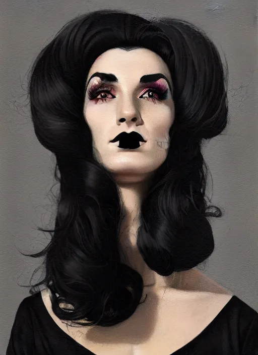 Image similar to portrait of a woman with a crooked nose and a confident expression, 1 9 6 0 s, black clothes, goth, punk, brightly coloured hair, funk, intricate, elegant, highly detailed, digital painting, artstation, concept art, smooth, sharp focus, illustration, art by wlop, mars ravelo and greg rutkowski