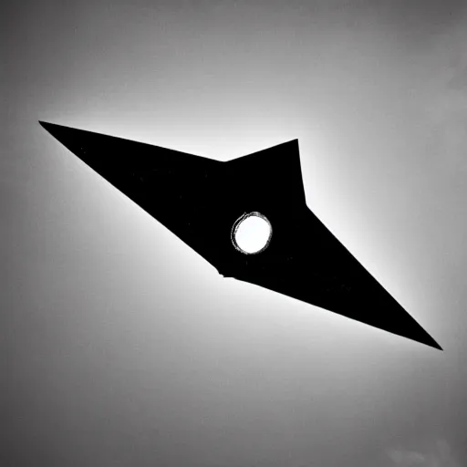 Prompt: a large triangle black spaceship with lights seen in the sky, vintage photo, old, grainy, sepia