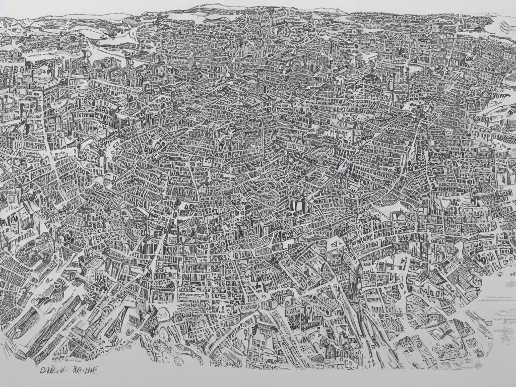 Prompt: A map of Rome, Ink drawing by Deven Rue, fine point pen