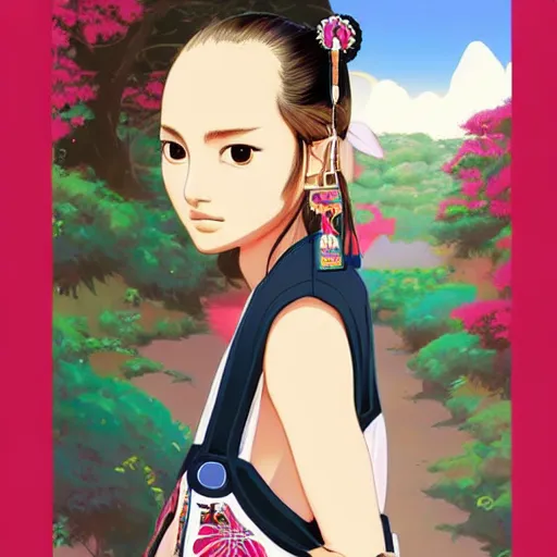 Image similar to a beautiful young japanese natalie portman alluring gravure model, anime art, wearing elegant designer overalls, elegant overalls with mesoamerican patterns, mesoamerican native street fashion, princess mononoke, painted by jamie hewlett and ashley wood, aesthetic, gorgeous, stunning, alluring, attractive, artstation, pinterest, digital art