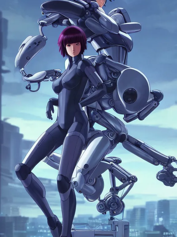 Image similar to a fullbody action still of motoko kusanagi riding on top of a tachikoma, the major ghost in the shell : : stand alone complex, under repairs, maintenance : : by ilya kuvshinov, rossdraws, artgerm, sola digital arts, anti aliasing, raytracing : :