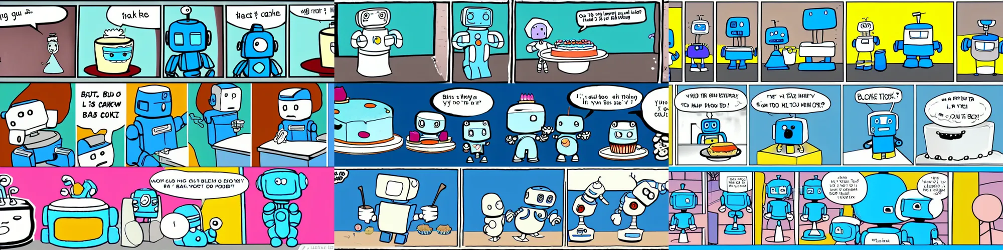 Prompt: short cartoon strip, blue cute robot bakes a cake