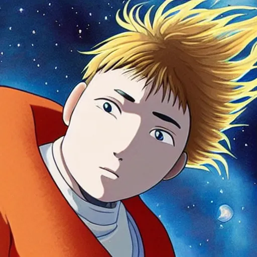 Image similar to Spirited away dark blonde guy with blue eyes in space