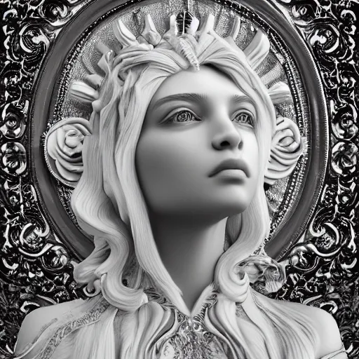 Image similar to wonderful princess made of marble, beautiful face, hyper detailed, flowing psychadelic background intricate and detailed, ornate 8 k gorgeous intricate detailed, octane render, black and white