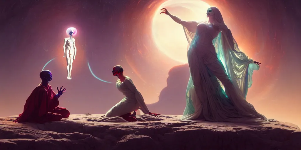 Image similar to the creation of adam, ultra detailed female android deity, scifi, octane render, ( dia de los muertos ), matte painting, asymmetrical, intricate concept art, triadic color scheme, art by artgerm and michelangelo and dzo and greg rutkowski and alphonse mucha and wlop