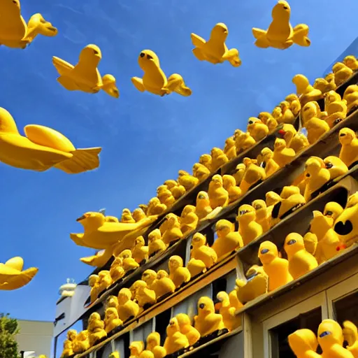 Image similar to photograph of rubber ducks flying in the sky