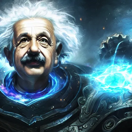 Image similar to Portrait of Albert Einstein as a spellcaster, League of Legends amazing splashscreen artwork, Gears of War, splash art,natural light, elegant, photorealistic facial features, intricate, fantasy, detailed face, atmospheric lighting, anamorphic lens flare, cinematic lighting, league of legends splash art, hd wallpaper, ultra high details by Greg rutkowski