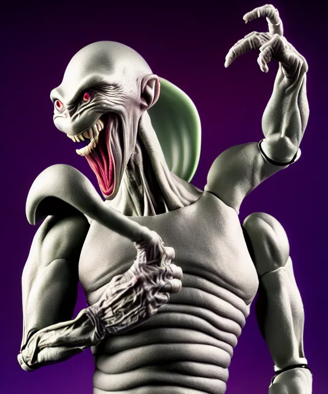 Prompt: hyperrealistic rendering, grey alien, by art of skinner and richard corben and jeff easley, product photography, action figure, sofubi, studio lighting, colored gels