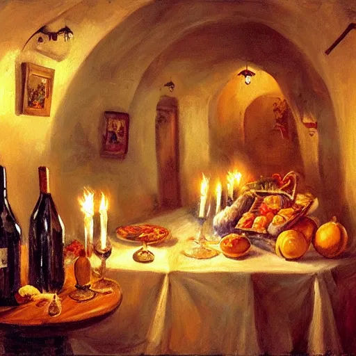 Prompt: wine cellar full of food, torches on the wall, schnapps, painting, Fritz Wagner, Vladimir Volegov, Olga Zakharova