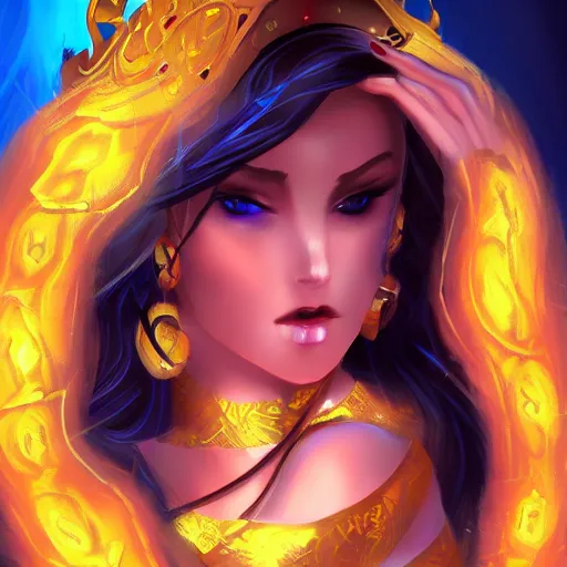 Image similar to seductive divine goddess with bright blue eyes and golden robe in a dark cave, digital art dnd beyond trending on art station,