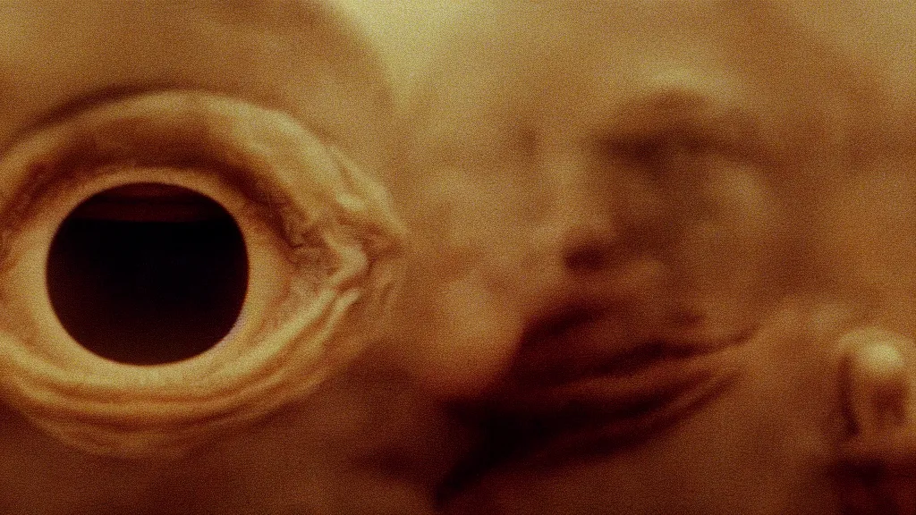 Image similar to the strange creature from my eye, we ait in line at the bank, film still from the movie directed by denis villeneuve and david cronenberg with art direction by salvador dali and zdzisław beksinski, wide lens