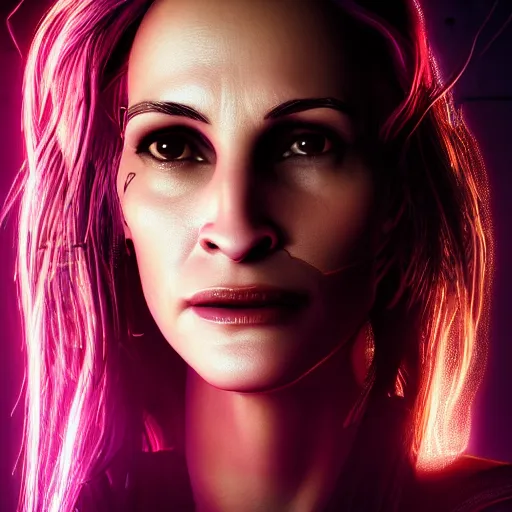 Prompt: julia roberts portrait, cyberpunk 2 0 7 7, cyberpunk rogue amendiares, photorealistic, ultra detailed, neon, octane, bokeh, cinematic lighting, cyber, cyberpunk city, studio quality, feature, scars, cyberface, 8 k