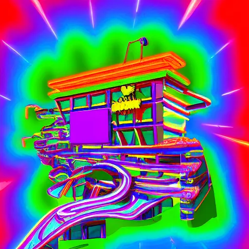 Prompt: an isometric exterior architectural rendering of an infinitely flowing sawtooth interlocking right-angles neon artificial mind-boggling Perpetual Motion Machine made entirely out of colorful wax and plastic, 1:1000 scale, in a highly futuristing Lisa Frank aesthetic (although a bit more subdued than Lisa Frank)