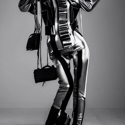 Prompt: fashion photography of an extraterrestrial model, wearing futuristic hip - hop streetwear fashion, inside berghain, berlin fashion, futuristic fashion, dark minimal outfit, photo 3 5 mm leica, hyperdetail, berghain, 8 k, very detailed, photo by nick knight