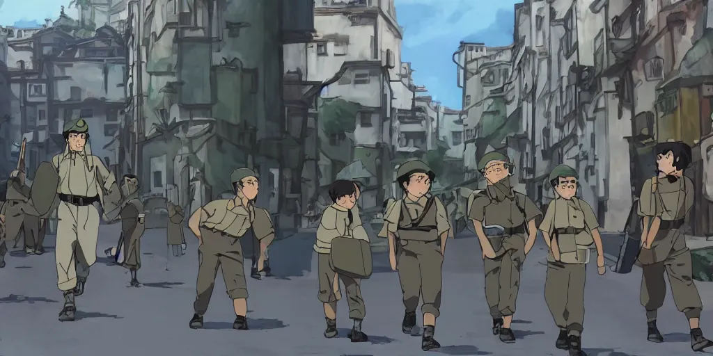 Image similar to wholesome animation studio Ghibli of a young soldier walking near some nazists and tanks in the city of Genova. Sharp bloom dramatic lightning