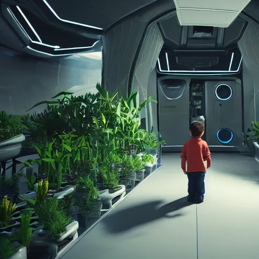 Image similar to boy looking at some plants inside a spaceship, 3 d render, unreal engine, cinematic, octane, scifi, 8 k