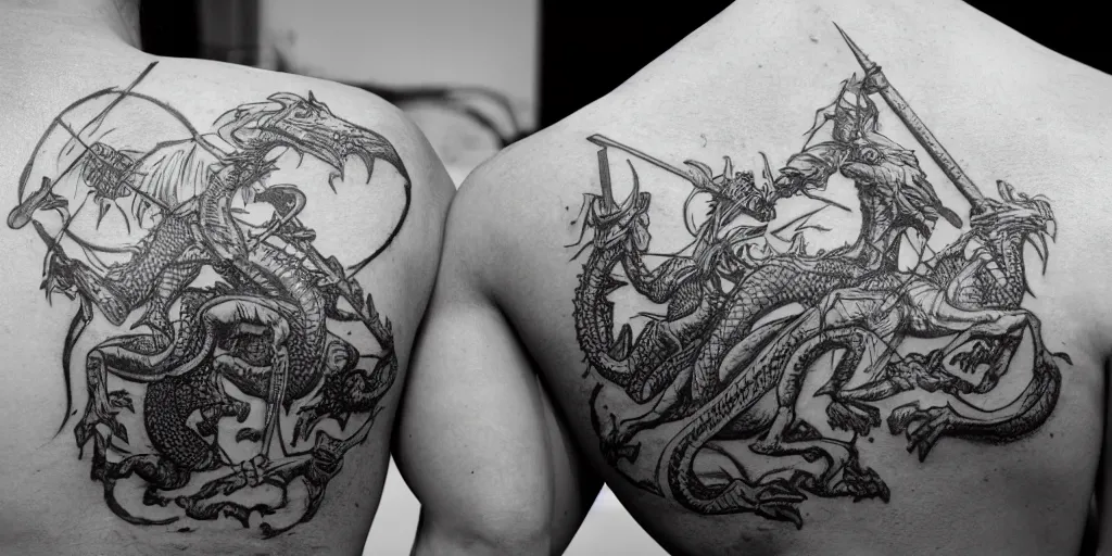 Image similar to A monochrome tattoo depicting a plated knight holding a lance looking toward the horizon toward a three headed dragon, 4k