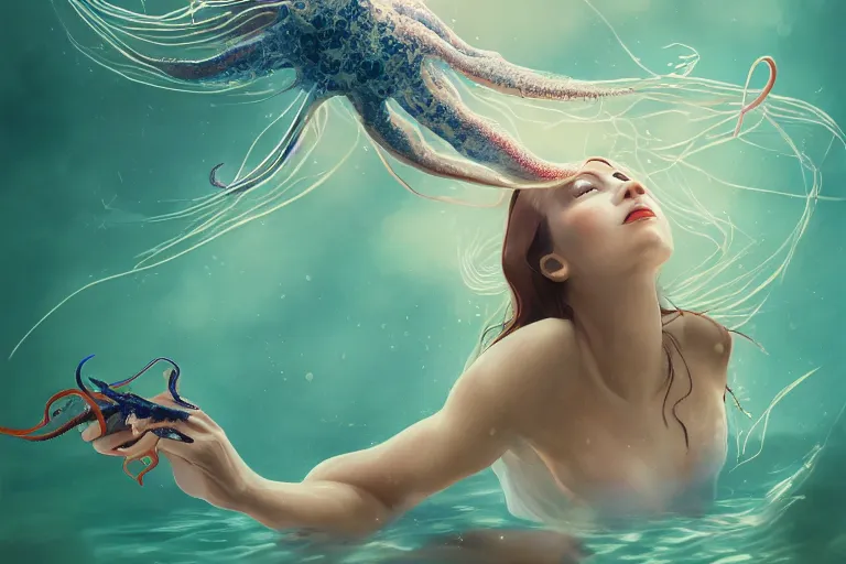 Image similar to long shot photo woman swimming with squids, highly detailed, photorealistic, reflections, smooth, sharp focus, concept art, illustration, beautiful, geometric, trending on artstation, cinematic, featured on behance , artwork by WLOP and Tran, Ross